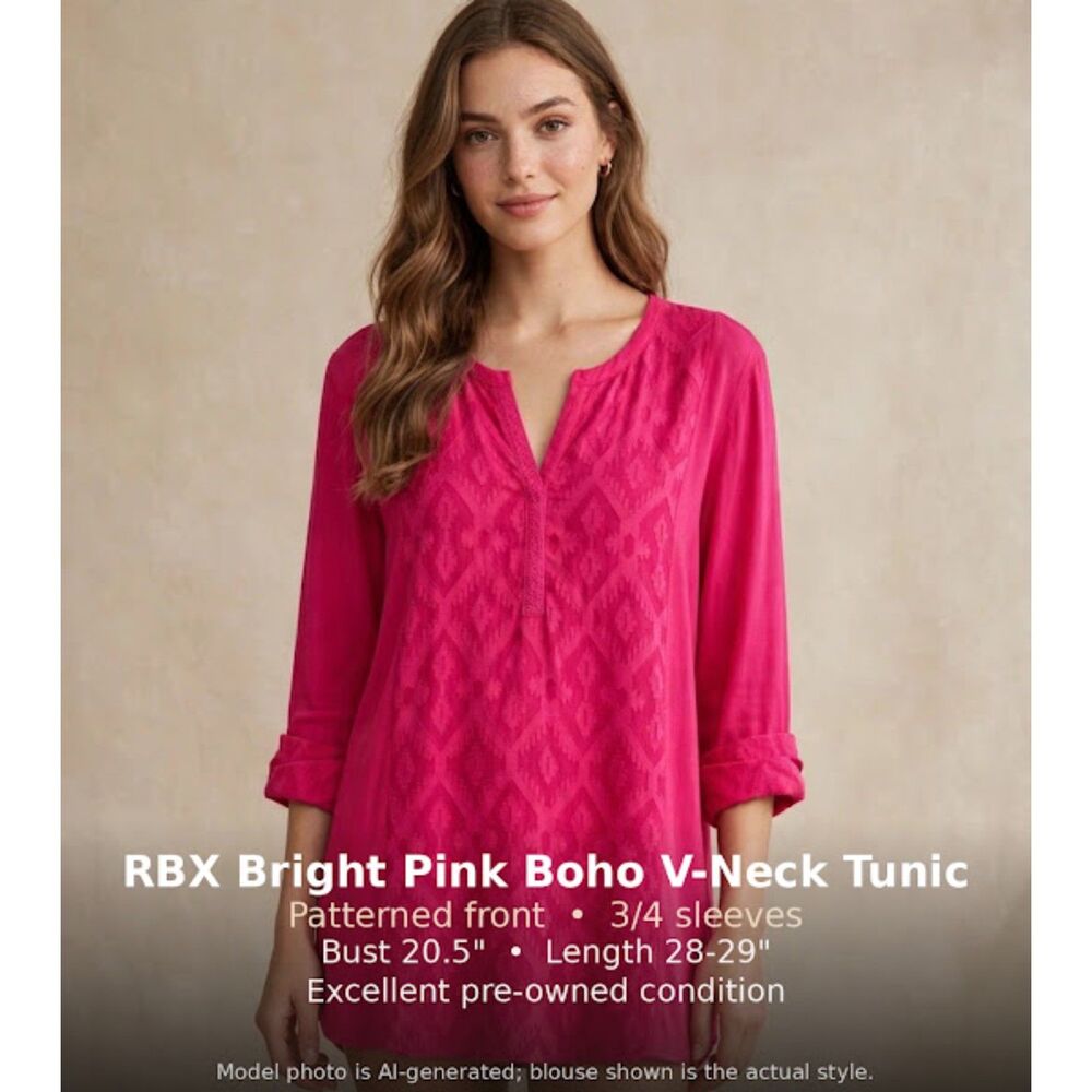 Bright Pink 3/4 Sleeved Boho V-Neck Blouse/Tunic